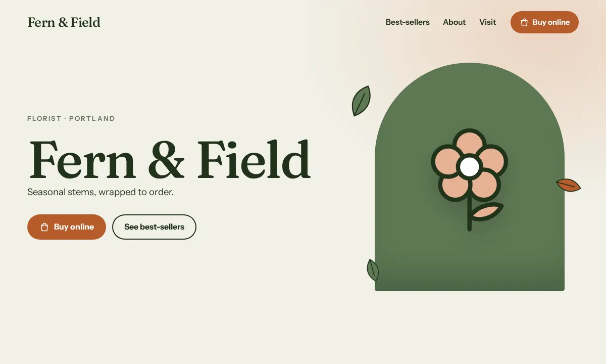Desktop concept for Fern & Field, a fictional florist in Portland: soft serif type on oat, a sage arched window with a flower and drifting leaves.