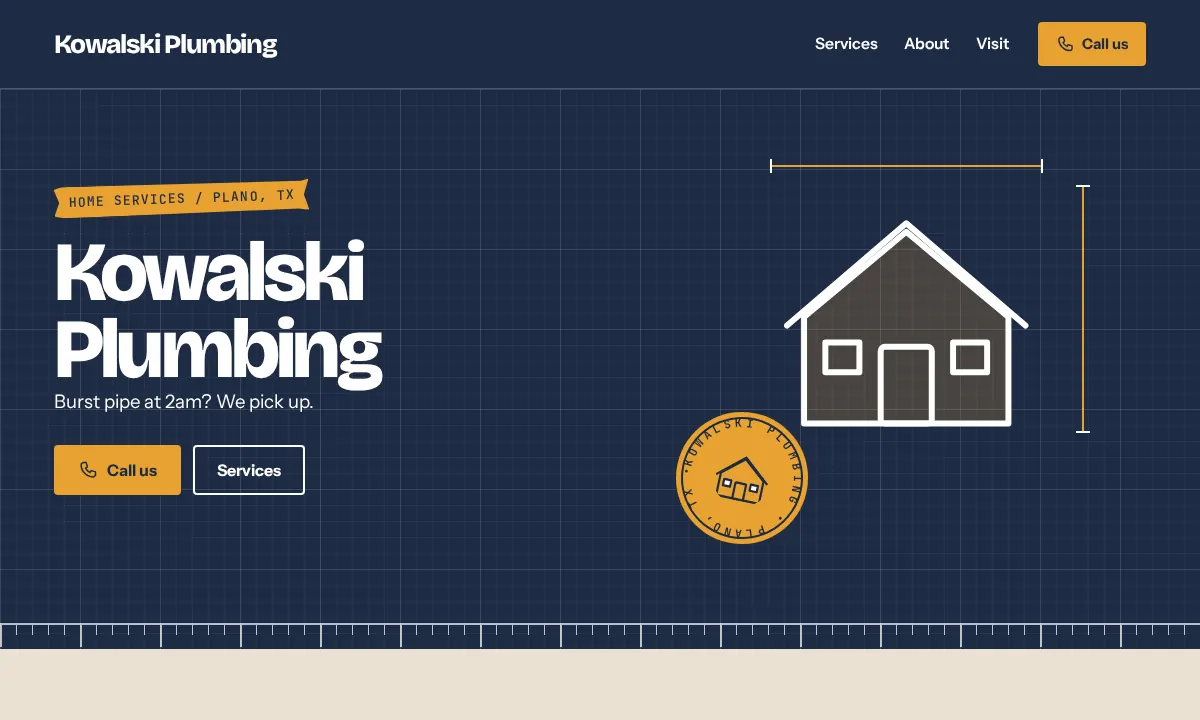 Desktop concept for Kowalski Plumbing, a fictional plumber in Plano, Texas: navy blueprint grid, measurement marks, a taped label and an orange call button.