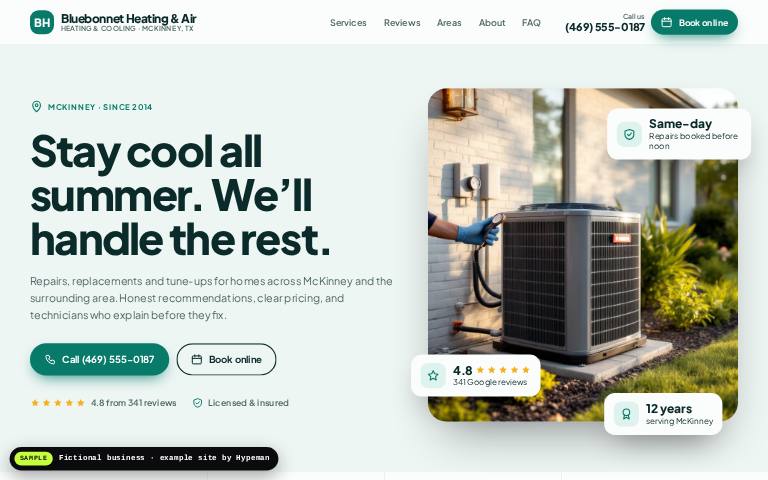 Example HVAC company website: Bluebonnet Heating & Air