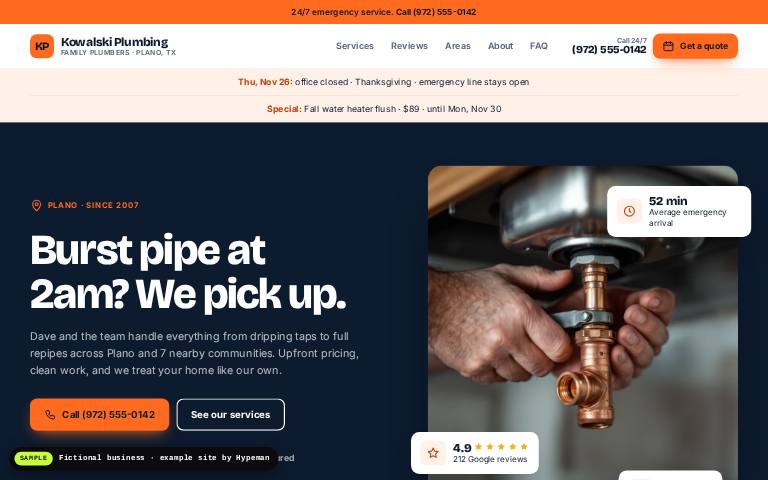 Example plumbing business website: Kowalski Plumbing