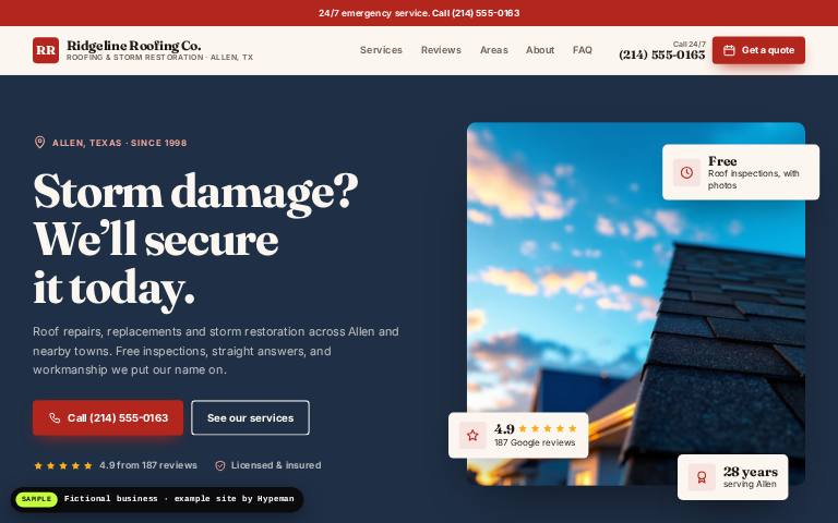 Example roofing company website: Ridgeline Roofing Co.
