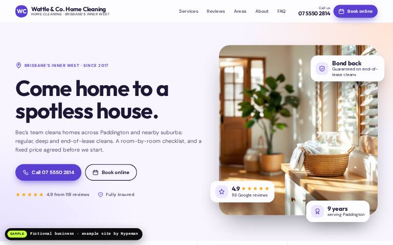 Example cleaning business website: Wattle & Co. Home Cleaning